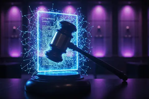 A legal professional using a computer with legal documents and AI software on the screen.