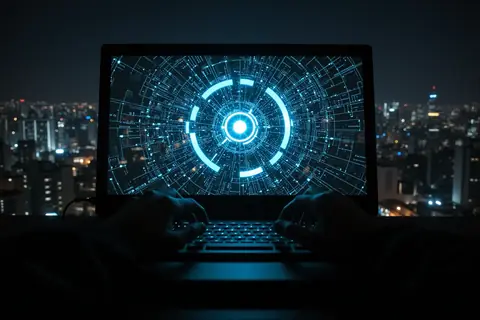 A digital illustration of a hacker figure with a glowing AI symbol.