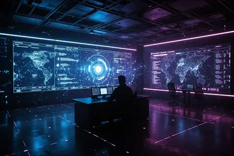 A digital illustration of a shield protecting a network from cyber threats.