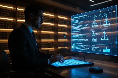 A lawyer working on a legal document with AI assistance.