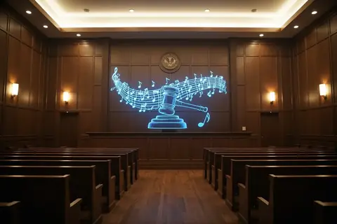 A courtroom scene with lawyers presenting evidence, illustrating the lawsuit against Suno by Sony and UMG.