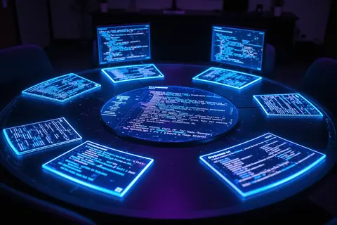 Four AI models debating code on a digital screen, illustrating TruVerif's panel review feature.