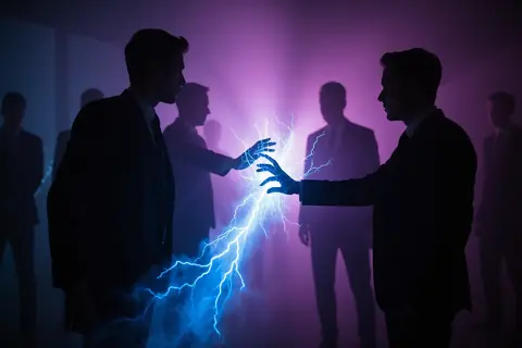 A digital illustration of two AI agents conversing, highlighting the study on AI radicalization.