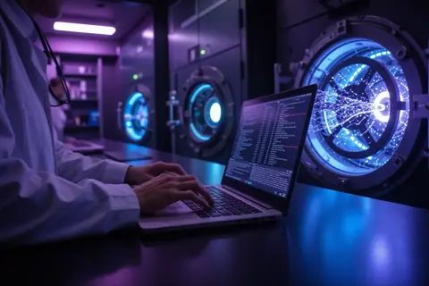 A scientist working on a laptop with K-Dense BYOK open, illustrating secure local AI research.