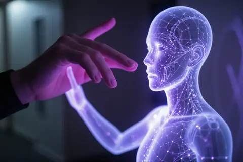 A digital human interacting with an AI-powered robot, illustrating Safeworld's work on robot safety.