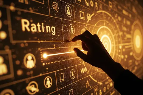 A digital interface showing a content rating system with AI involvement levels, illustrating the REAL Rating framework.