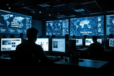 A computer screen displaying fake news articles, illustrating OpenAI's disruption of AI-powered influence operations.