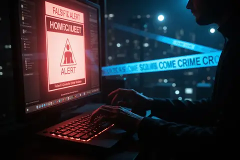 A police officer reviewing a computer screen displaying a false homicide tip, illustrating the incident involving Anthropic's AI model.