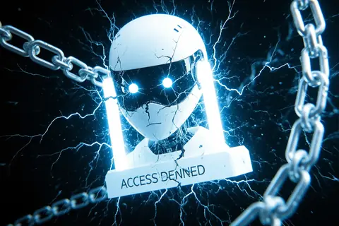 A digital illustration of an AI agent with a disabled internet icon, representing Anthropic's decision.