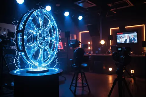 A film set with AI tools displayed on monitors, illustrating Netflix's AI-driven film production.