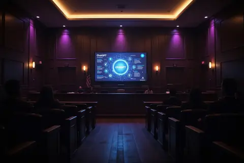 A courtroom with a gavel, representing the lawsuits against OpenAI for ChatGPT's safety.