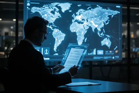 A lawyer reviewing a document on a computer screen, illustrating Agreement Analyzer's AI-powered agreement review.