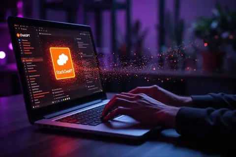 A developer using a computer with the Stack Overflow for Agents interface open, showcasing the ChatGPT plugin.