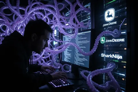A computer screen displaying a hacked website, illustrating the AI agent breach of John Deere and SharkNinja.