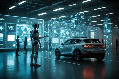 A robot and a self-driving car being tested in a simulated environment, illustrating Laplace Intelligence's pre-deployment testing.
