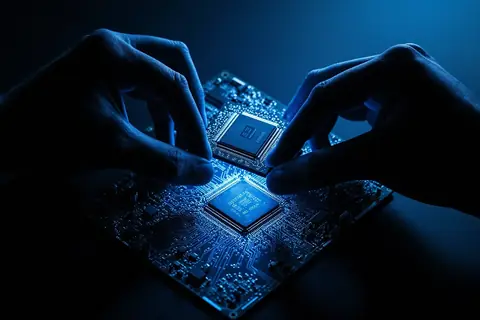 A close-up of Tenstorrent's AI chip under laboratory lighting, highlighting the company's focus on open-weight AI solutions.