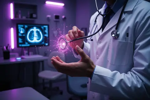 A radiologist using a tablet with MedPAO-Assist software, illustrating AI-driven radiology report structuring.