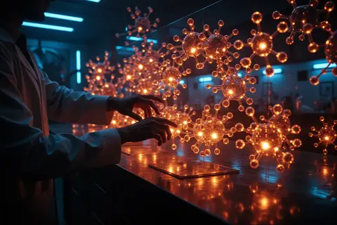 A laboratory setting with scientists working on AI-driven drug discovery, illustrating OpenAI's acquisition of Orchestra Bio.