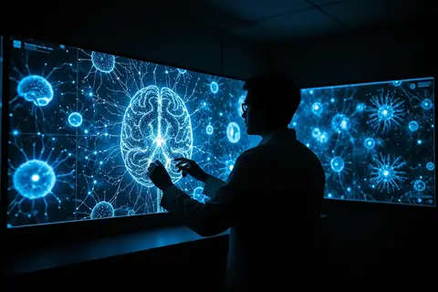 A network of interconnected AI agents analyzing biological data, illustrating the collaboration between OpenAI, PerturbAI, and Scripps Research.