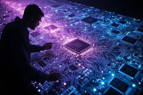 A semiconductor wafer under violet laboratory lighting, illustrating TACS-RF's AI-driven circuit design process.